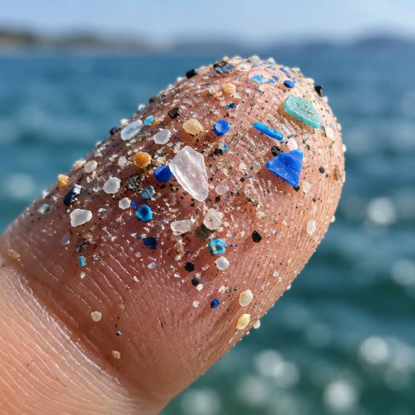 Colorful microplastic particles on a fingertip